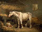 Old Horses with a Dog in a Stable